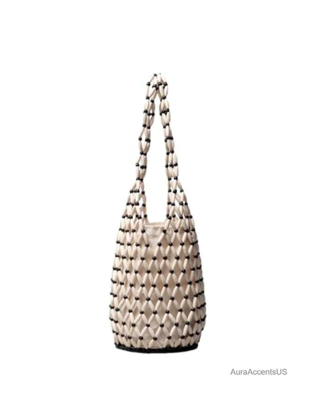 Wooden Bead Bucket Bag Handwoven Tote Detachable Liner Drawstring Summer Beach